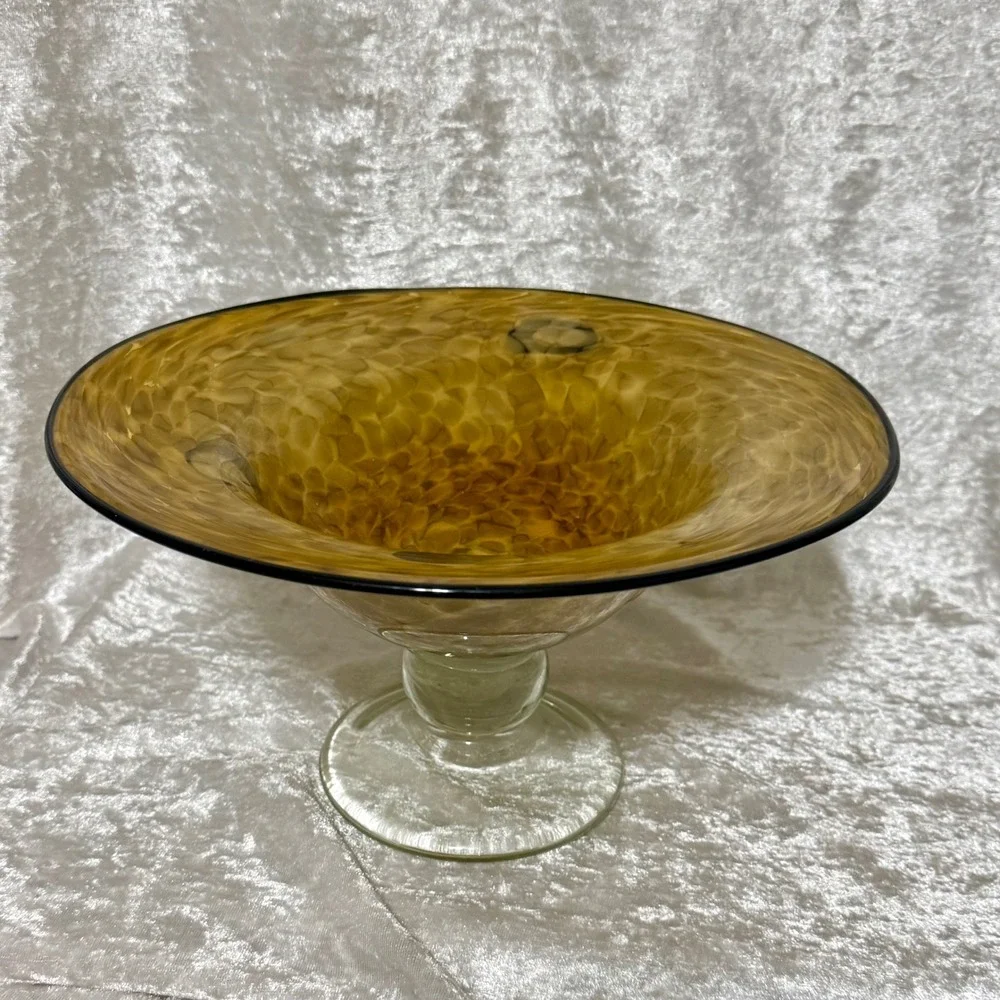 Amber Swirl Bowl‎ Cleat Pedestal Dark Rim Glass Decorative Trinket Dish 6